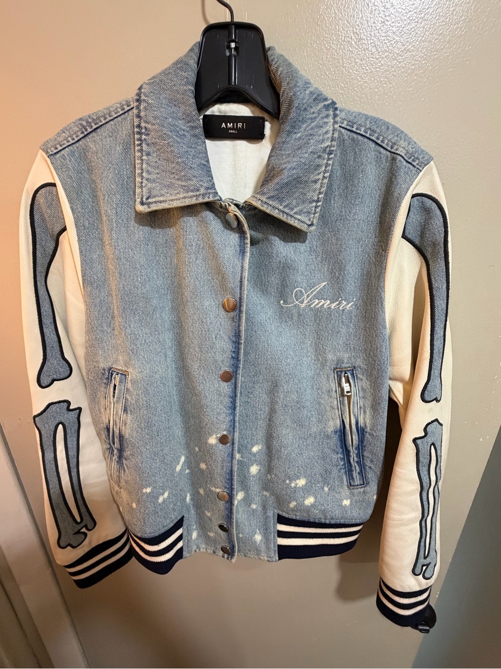 AMIRI Light Blue Denim & Cream Varsity Jacket with Bone Appliqué Leather Sleeves